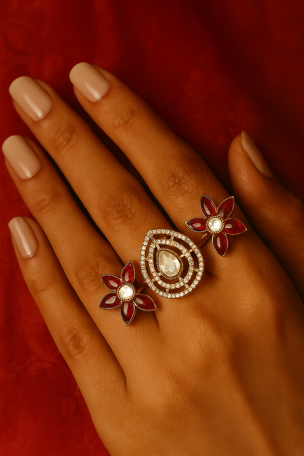 Red Floral & Teardrop Statement Ring – Adjustable Party & Wedding Wear